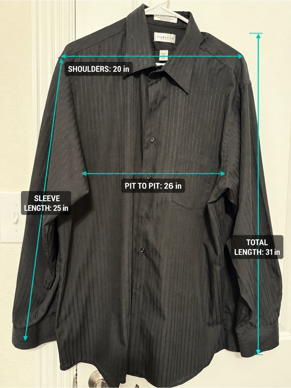 Van Heusen XL Black Sateen Stripe Dress Shirt 17.5 34/35